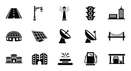 Black icons depicting urban landmarks and infrastructure a striking silhouette © MDHOJAIFA