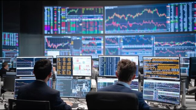 Financial analysts monitoring stock market data on multiple screens