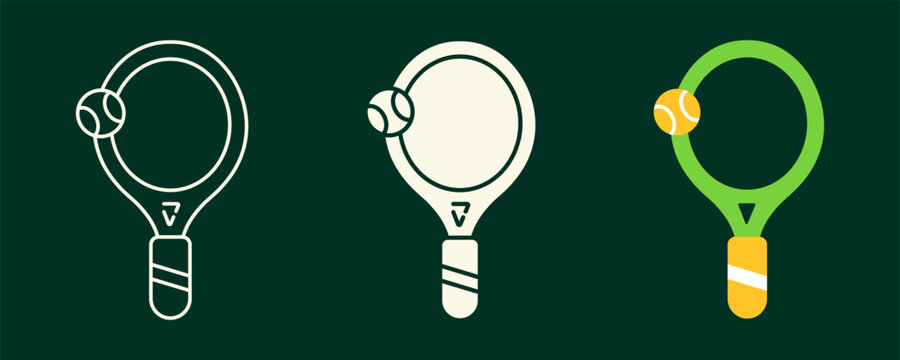 Tennis racket and ball icon set. Outline, solid and flat styles, sports equipment symbol vector illustration isolated on green background
