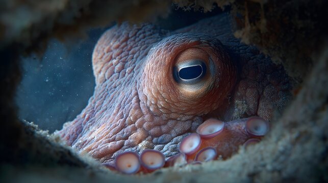 Giant pacific octopus peeking out from underwater cave large eye and tentacles visible in dark water
