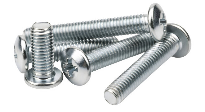 Several shiny silver metallic pan head machine screws with threaded shafts, isolated on a clean white background for construction or industrial design.