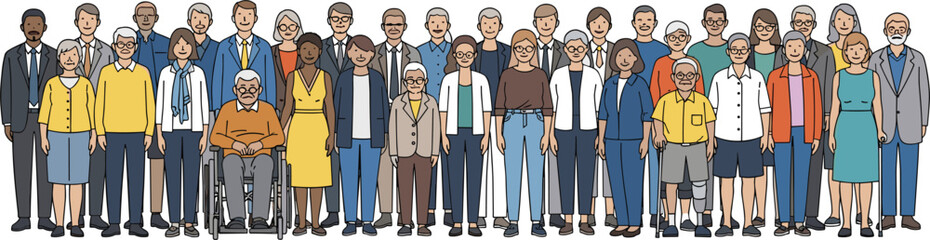 Obraz premium Large Diverse Group of Senior Adults Standing Together, Elderly Men and Women Community Portrait Full Body Vector Illustration