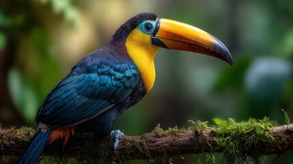 Obraz premium Vibrant toucan perched on mossy branch in lush rainforest