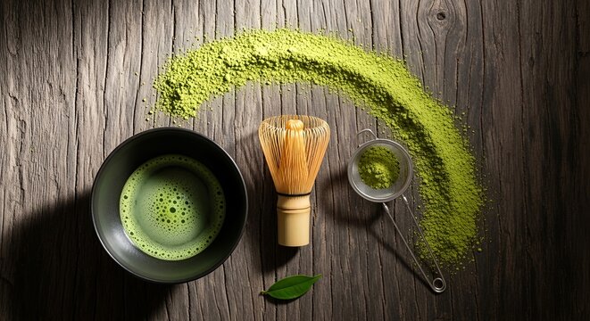 Traditional matcha tea setup with vibrant green powder, bamboo whisk, and prepared drink on rustic wood, a mindful, healthy beverage ritual