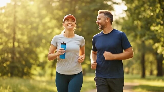 Cinematic Slow Motion of Happy Middle Aged Couple Jogging and Laughing in Sunny Summer Park