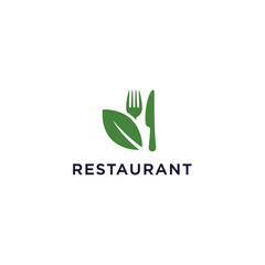 Restaurant Logo Featuring Green Utensils and Leaf
