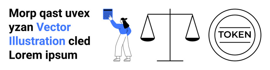 Fototapeta premium Justice, equality, cryptocurrency, digital assets, legal systems, technology. Woman holding an item, scale icon and token design. Justice and cryptocurrency concepts visually