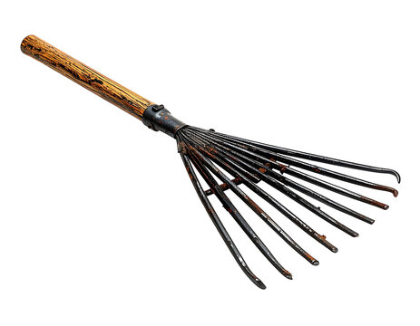 Close-up of a vintage garden rake with wooden handle on white background.