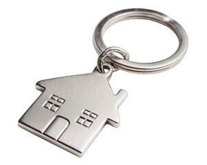 Real estate keychain. House key with silver keychain shaped like home isolated on white background