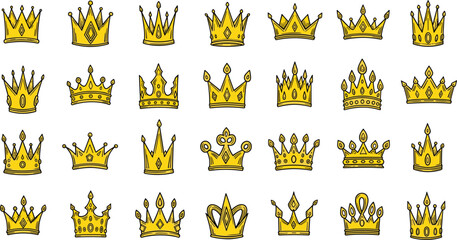 Hand drawn golden crown vector icon set with various royal tiara designs and jewelry ornaments for luxury branding and king queen fashion © Sujon Shah