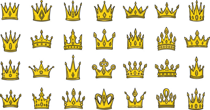 Hand drawn golden crown vector icon set with various royal tiara designs and jewelry ornaments for luxury branding and king queen fashion