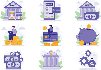 Obraz premium Online banking and personal finance icon set with piggy bank credit card currency and business people for investment and savings flat illustration