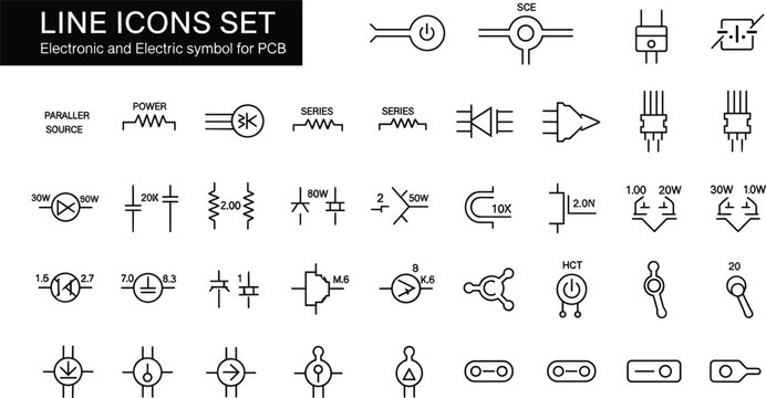 Comprehensive set of black line icons featuring electronic circuit symbols including resistors capacitors transistors diodes and power switches for engineering and technical schematics.
