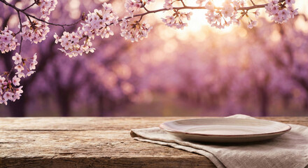 Empty plate on rustic table with cherry blossoms and sunny purple background serene spring setting © Sanoor