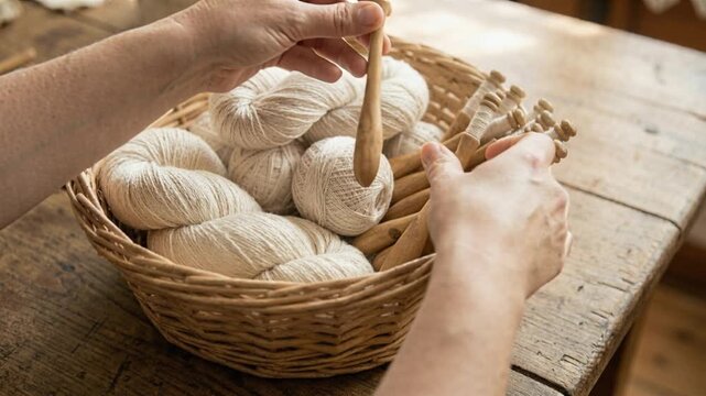 Hands holding skeins of white yarn and wooden bobbins in a wicker basket on a rustic  table