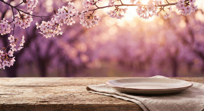 Empty plate on rustic table with cherry blossoms and sunny purple background serene spring setting
