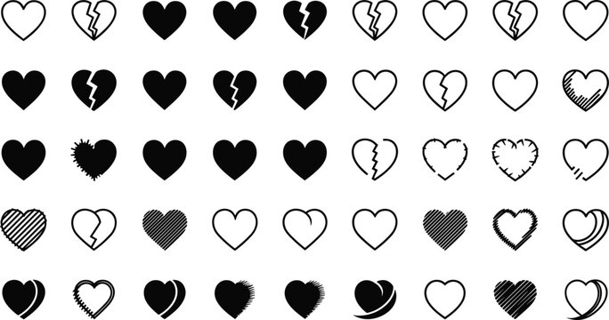 Set of black heart icons with various designs and styles including broken outline filled and textured art