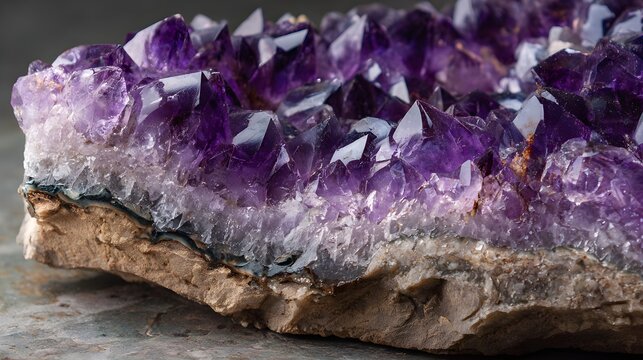 Amethyst geode crystal cluster on rocky base purple quartz mineral formation