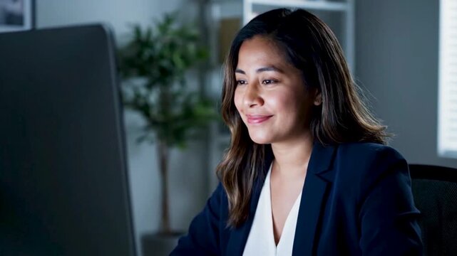 Businesswoman interacting with computer on transparent background expressing emotions in office setting