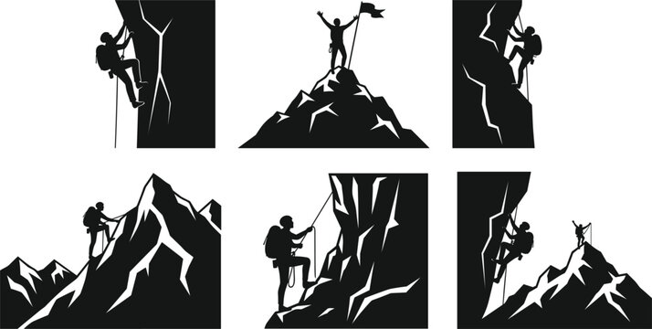 Collection of black silhouettes featuring mountain climbers and mountaineers scaling steep cliffs and reaching the summit with a flag for adventure and outdoor sports.