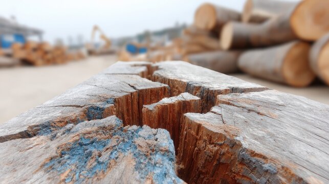 Damaged wooden log with blue stain in lumber yard