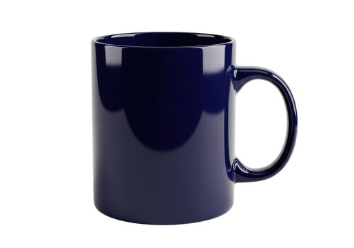 A glossy deep navy blue ceramic mug on a transparent background with soft shadow and ample copy space, premium product advertising concept