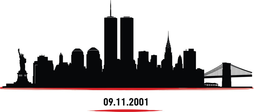 Black silhouette of the New York City skyline featuring the Twin Towers and Statue of Liberty with the date 09.11.2001 for Patriot Day memorial.