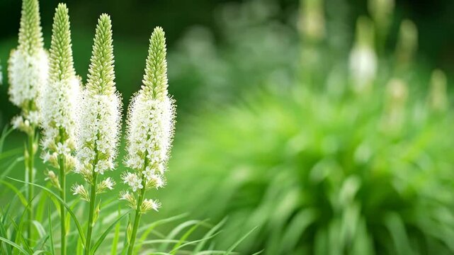 Elegant white foxtail lily flowers with prominent spires reaching upwards, creating a beautiful display of natural beauty in a vibrant green garden setting on a sunny day