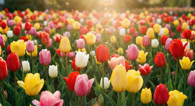 Vibrant tulip field with colorful blooms in sunlight showcasing red yellow pink and white flowers in a lush green landscape