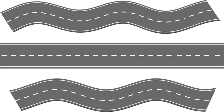 Set of roads with white dashed lines in different straight and wavy shapes