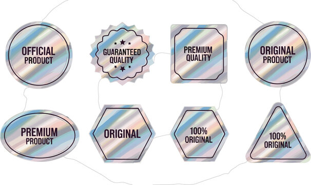 Set of holographic sticker labels with rainbow gradient foil texture for official product guarantee premium quality original brand authenticity and security seals.