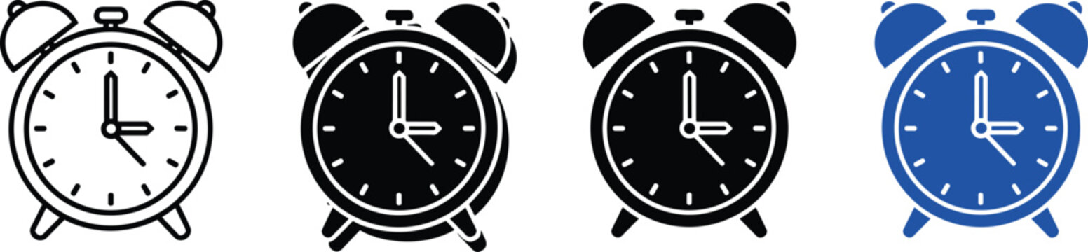 Collection of four alarm clocks showing different styles including outline solid and blue color