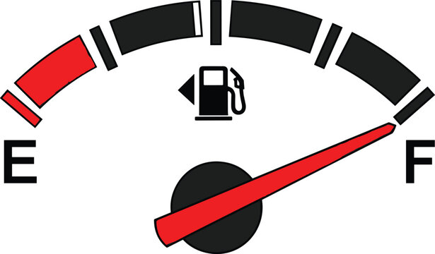 Fuel gauge showing empty to full range with needle indicating low or high gas level