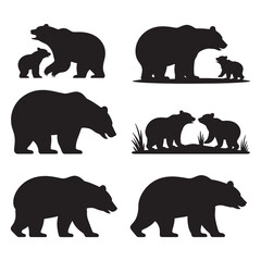 Fototapeta premium Black silhouettes of bears and cubs in various poses isolated on white background