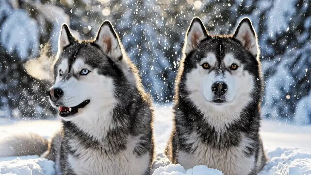 寄り添う二頭のハスキー犬の迫力あるクローズアップ
