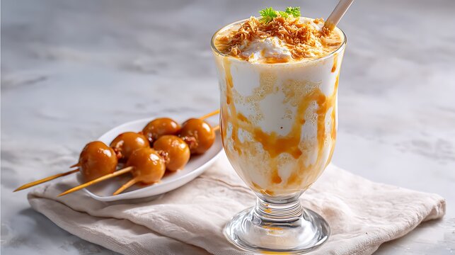 Delicious Filipino dessert halo-halo in a glass with fishballs street food on a plate, photography, close-up shot, delicious, food photography