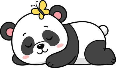 Cute cartoon panda sleeping peacefully with a yellow butterfly on its head isolated on a white background © Sujon Shah