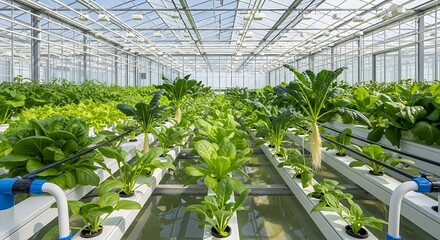 Fototapeta premium Indoor hydroponic farm with lush green plants and modern irrigation system in a large greenhouse viewed from the center