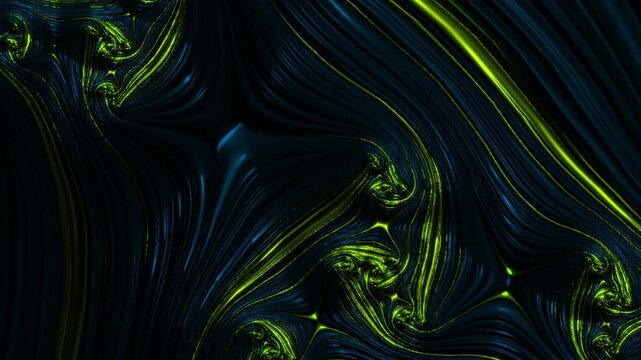 Yellow color flow on abstract fractal black pattern background. Modern technology, science backdrop
