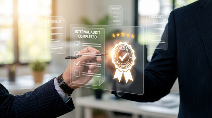 Confident businessman shaking hands with partner over successful internal audit completion hologram showing approved quality seal with satisfaction and trust in corporate office partnership deal