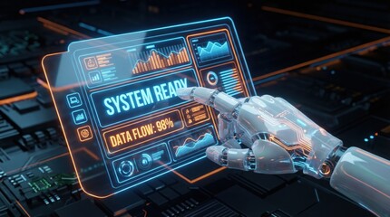 Robotic hand interacting with futuristic system dashboard