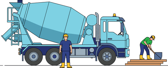 Flat vector illustration of a blue concrete mixer truck with construction workers in hard hats and boots working on a building site © Sujon Shah