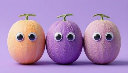 Three whimsical melons with googly eyes stand in a row against a purple background