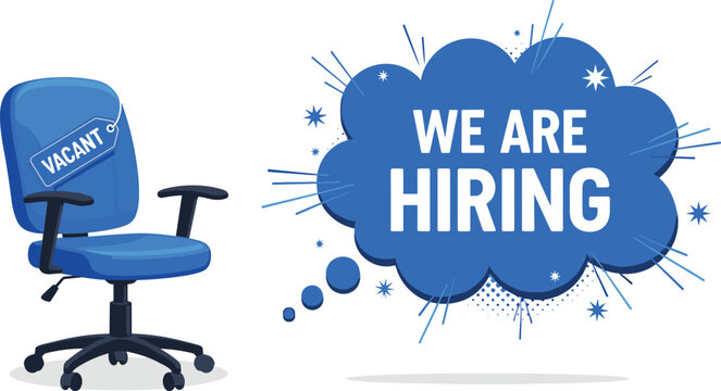 Office chair vacancy concept with we are hiring speech bubble and vacant tag for recruitment advertisement