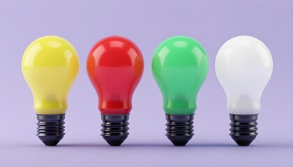 Four colorful light bulbs in a row, representing different ideas and innovation