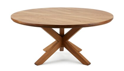 Modern round oak dining table with a unique criss-cross pedestal base on white background