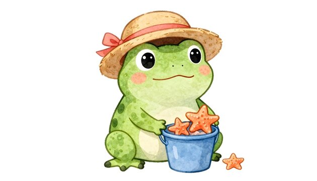 Cute cartoon frog wearing a straw hat and holding a bucket of starfish on a white background