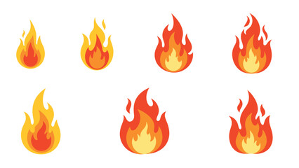 Set of six cartoon fire flames in various sizes and shapes, isolated on a white background, depicting heat and danger.