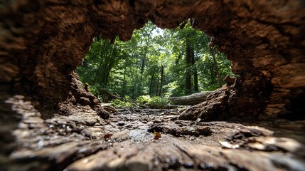 Obraz premium Hollowed out tree stump reveals lush forest landscape with vibrant green foliage outside
