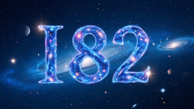 Glowing Blue Number 182 in Space with Planets and Stars